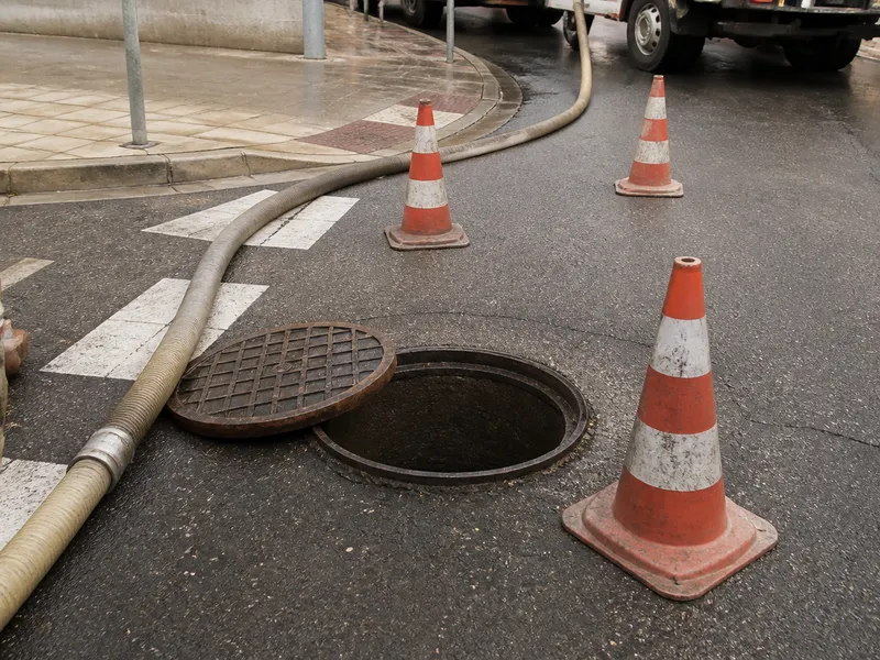 Intervención de desatasco señalizada en una calle de Zaragoza