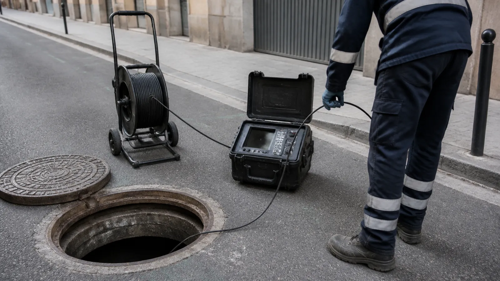 Cabezal de cámara de TV inspeccionando un pozo de saneamiento en Zaragoza