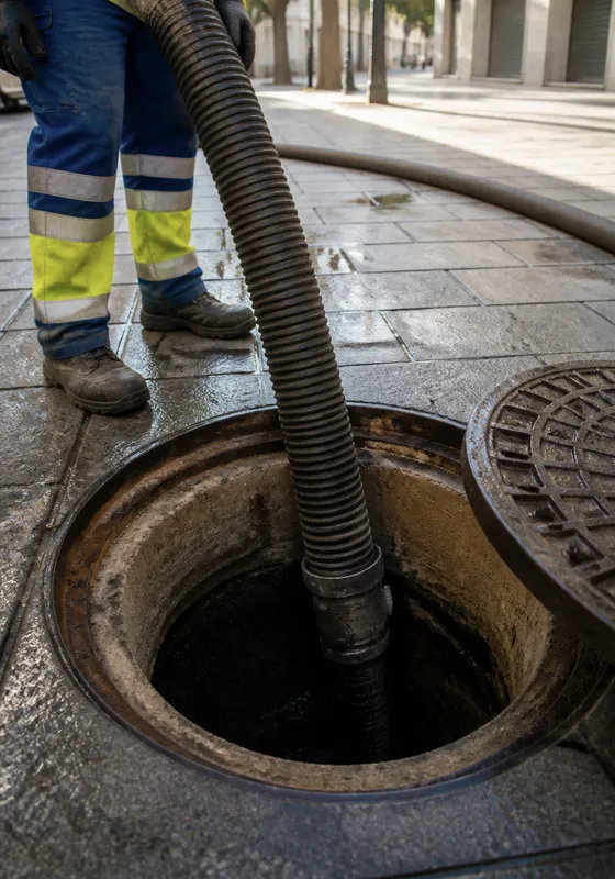 Manguera de succión en una arqueta abierta durante un desatasco en Zaragoza
