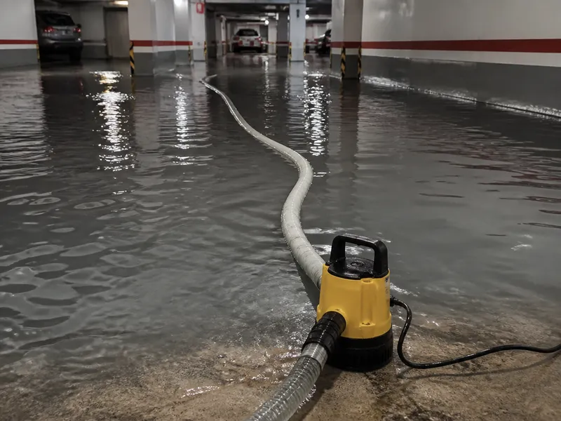 Achique y bombeo de agua en un garaje inundado