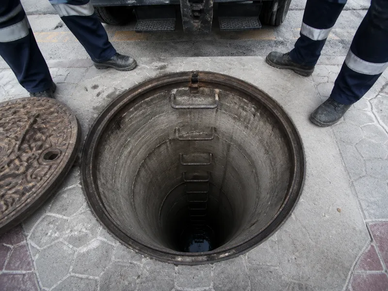Pozo de alcantarillado preparado para inspección en Zaragoza