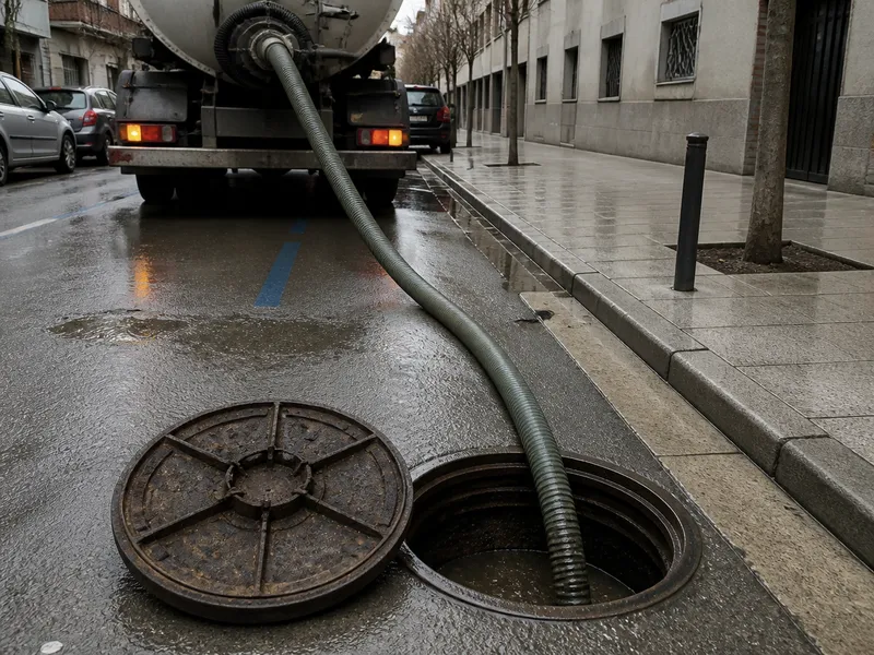 Alcantarilla abierta con manguera de succión en una calle de Zaragoza