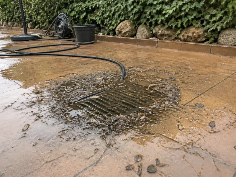 Desagüe exterior con agua retenida antes de un desatasco en Zaragoza