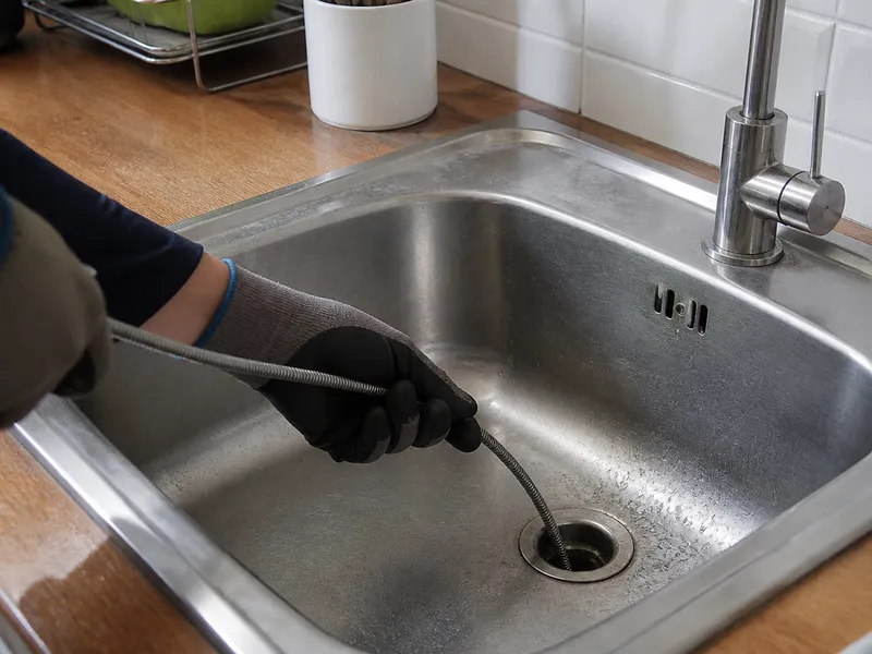 Fregadero de cocina con cable de desatasco junto al desagüe
