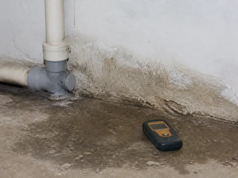 Humedad por fuga de agua junto a una tubería interior