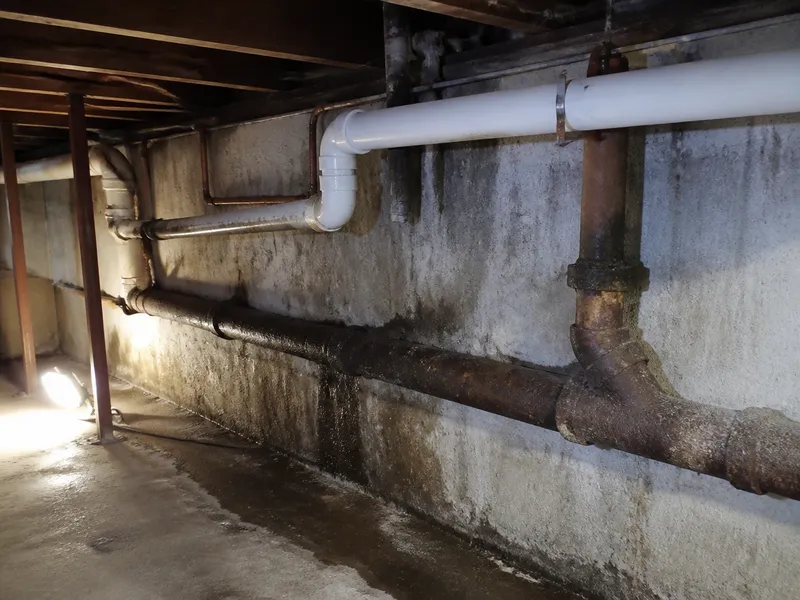 Tuberías de saneamiento vistas en un sótano antes de su desatasco